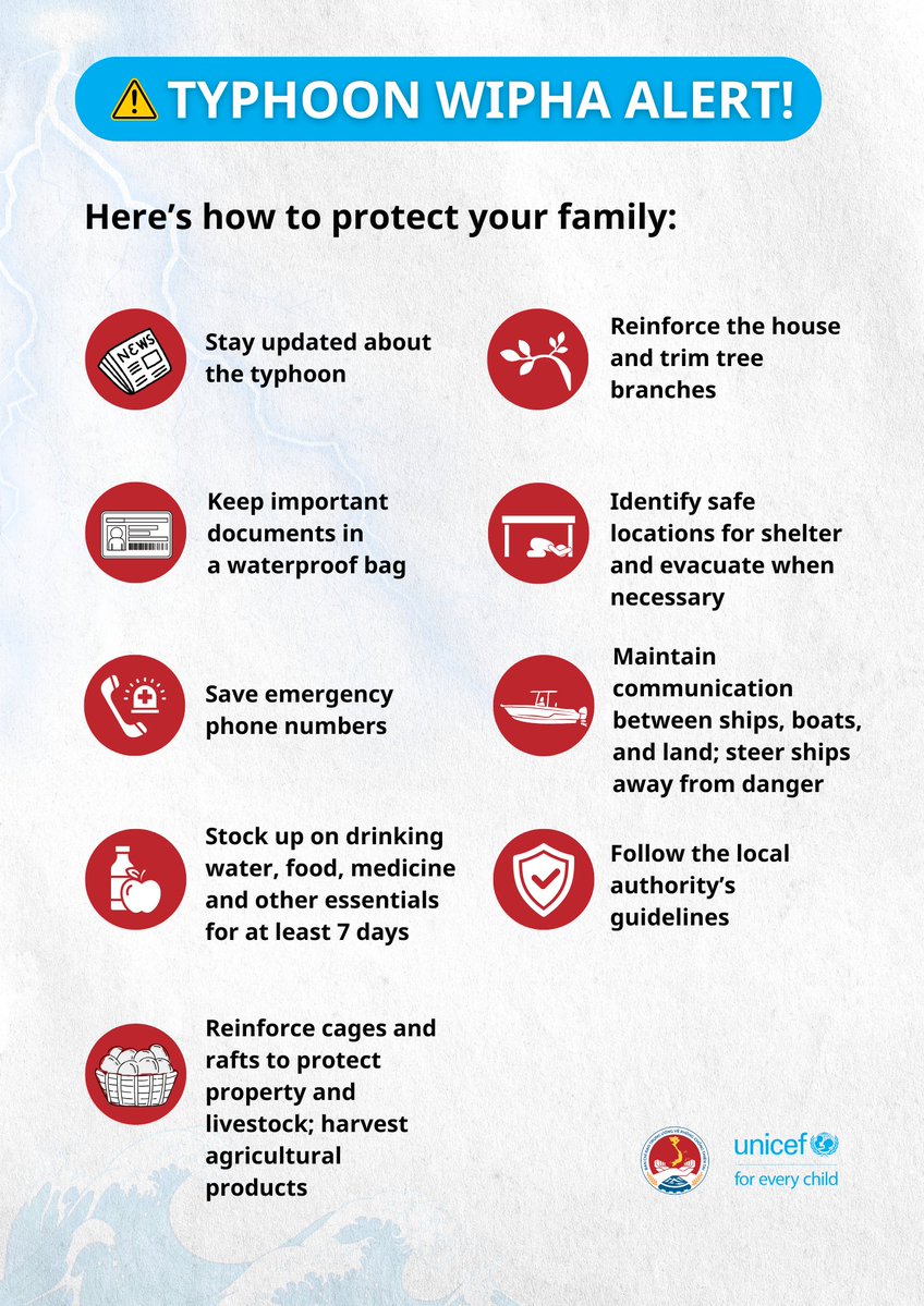 UNICEF_vietnam's tweet image. 🌀Typhoon Wipha Alert in Northern Viet Nam!
Get prepared now:
1. Secure your home and belongings.
2. Stock up on essentials: food, water, batteries, and medications.
3. Stay informed with official updates.
More safety tips to protect your family and children:…