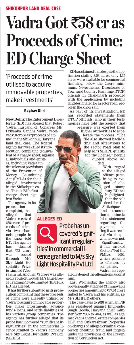 raghavohri0's tweet image. Shikhopur land case: Robert Vadra received Rs 58 crores of proceeds of crime via two channels. Officials of Town & country planning in their testimonies allege that pressure was exerted from higher authorities to accelerate the process: ED
shorturl.at/lA3Vw
@ETPolitics