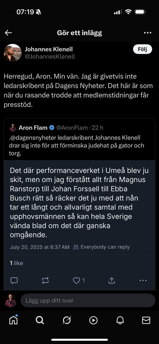 AronFlam's tweet image. Gott bevis på Klenells intellektuella ohederlighet. Han är inte min vän. Han är min fiende. En som ljugit om mig i skrift och smutskastat mig.
Vänner ringer varandra, träffas och stöttar varandra genom livets sorger och glädjeämnen.
Johannes har aldrig fördömt antisemitismen…