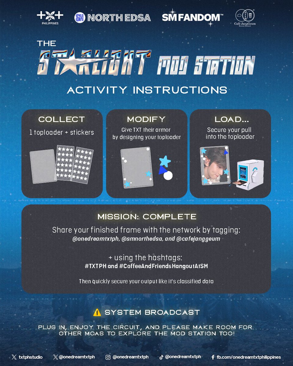 onedreamtxtph's tweet photo. The ST★RLIGHT Mod Station:
Activity Instructions 👾
💾 Give your pulls an update:
COLLECT, MODIFY, LOAD ...
Get creative at our Station! Upload it into the system and tag @onedreamtxtph, @smnorthedsa, & @cafejanggeum
And use the tags #TXTPH & #CoffeeAndFriendsHangoutAtSM ☕️ https://t.co/F67W7wOrgs