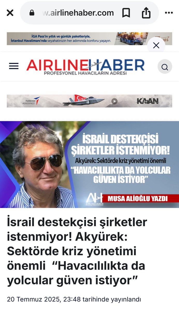 Musa Alioğlu
Airline Haber’de yazdı.

IDEF’te İsrail destekçisi 
şirketler istenmiyor! 

“Havacılılıkta da 
yolcu güven istiyor” via airlinehaber.com/israil-destekc…