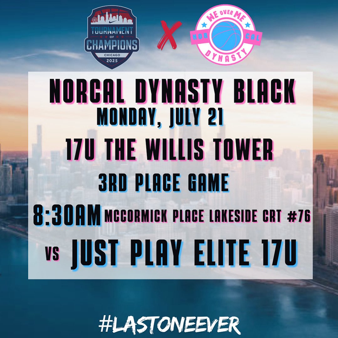 Tom Tran (@coacht2ncd) on Twitter photo Here we go. The last Lady NorCal Dynasty game ever. Our NorCal Dynasty Black plays at 8:30am for their final game of <a href="/niketoc/">Nike Tournament of Champions</a> day 4. Have fun, cherish the moment
🆚 Just Play Elite 17u
⏱️: 8:30am
📍: McCormick Place Lakeside CRT #76
#LastDance
#LastOneEver Here we go. The last Lady NorCal Dynasty game ever. Our NorCal Dynasty Black plays at 8:30am for their final game of <a href="/niketoc/">Nike Tournament of Champions</a> day 4. Have fun, cherish the moment
🆚 Just Play Elite 17u
⏱️: 8:30am
📍: McCormick Place Lakeside CRT #76
#LastDance
#LastOneEver