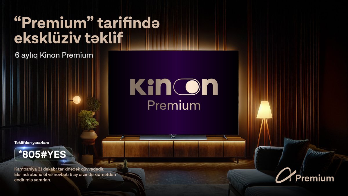 “Premium” tarifinin istifadəçiləri üçün eksklüziv təklif! 😎
“Kinon Premium” ilə 6 ay boyunca sevdiyin əyləncə və rahatlıq səninlədir!🎬✨
Kampaniyanın davametmə müddəti 31 dekabradək uzadıldı.
Elə indi *805#YES yığaraq qoşul və əyləncə dolu anlarını daha da unudulmaz et. ✅