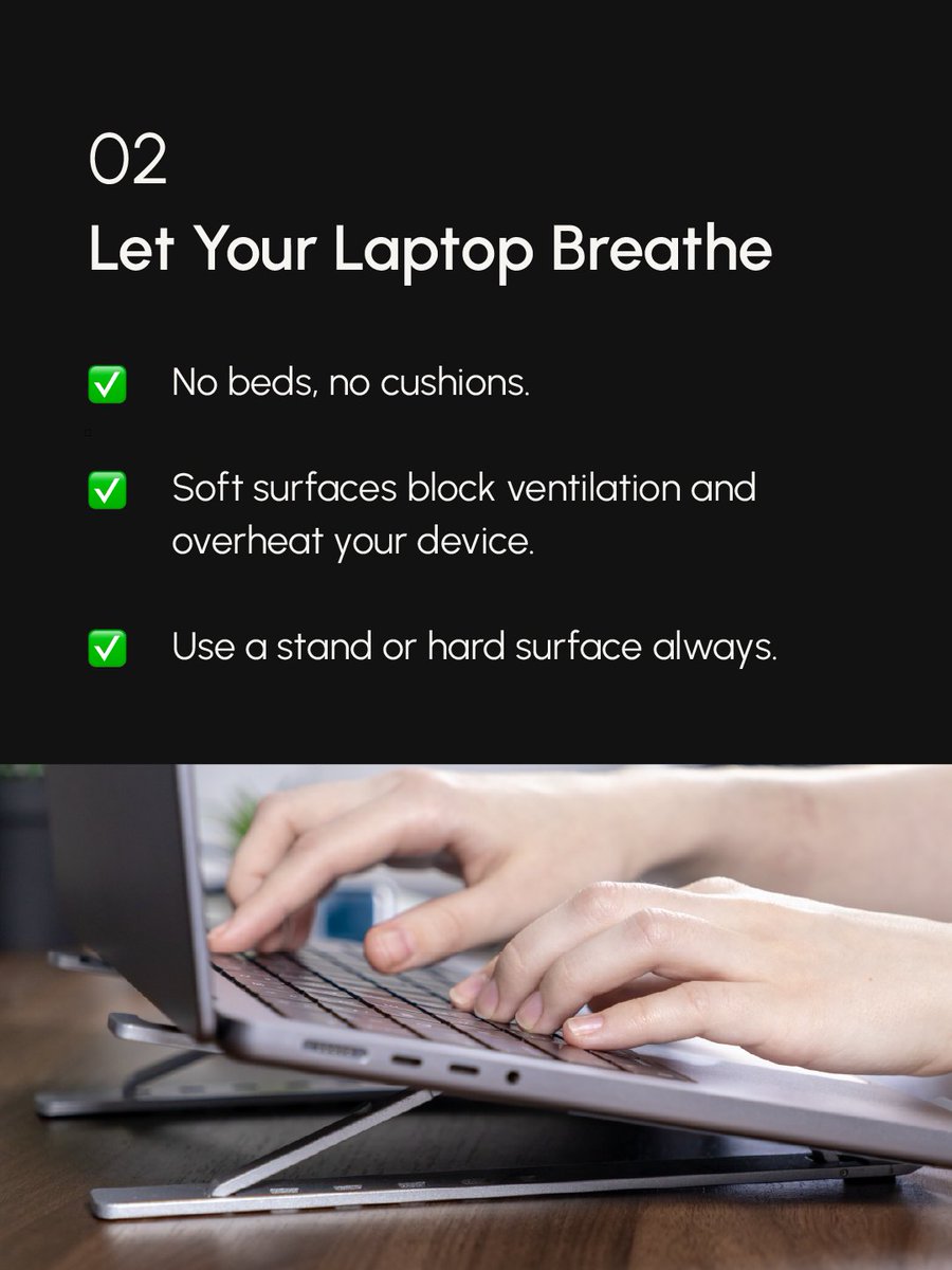 rent_get's tweet image. Guilty of keeping your laptop plugged in 24/7? Or working from bed on a blanket? 🙈
We’ve all done it.

But these 4 quick tweaks can save your laptop from heat, lag &amp;amp; early burnout.
Swipe to level up your tech habits. 💻

#LaptopTips #GetItRent #RemoteWork