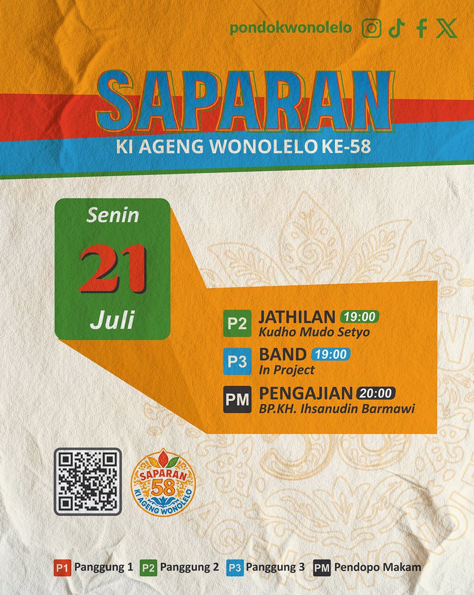 DINO KE 4 ❗
Senin, 21 Juli 2025

Monggo agenda hari ini dulurrku, gayengkan terus koyo biasane.

Wonomin himbau untuk hati-hati di jalan, jungkatan yang klimis dan sampai jumpa di tempat yang sama saudaraku 👐.

#Saparan #PondokWonolelo