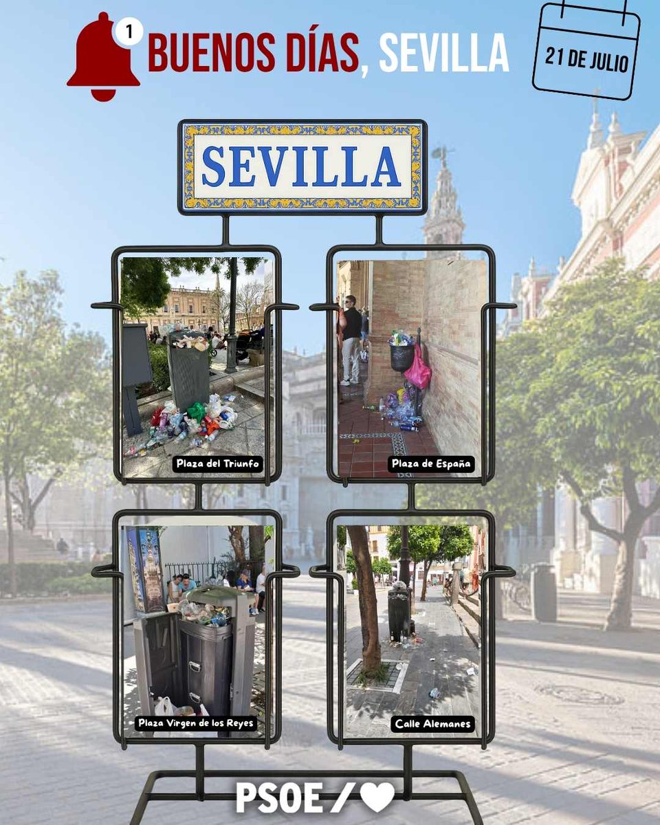 PSOEAytoSevilla (@psoeaytosevilla) on Twitter photo ☀️Buenos días!
Hoy te proponemos un 📸 tour por la basura de la Sevilla monumental: un souvenir que nadie olvida.
🙏 Gracias al <a href="/Ayto_Sevilla/">Ayuntamiento de Sevilla</a> por cuidar tan bien la imagen internacional de Sevilla.
#FelizLunes <a href="/FelizSemana/">Feliz Semana</a> ☀️Buenos días!
Hoy te proponemos un 📸 tour por la basura de la Sevilla monumental: un souvenir que nadie olvida.
🙏 Gracias al <a href="/Ayto_Sevilla/">Ayuntamiento de Sevilla</a> por cuidar tan bien la imagen internacional de Sevilla.
#FelizLunes <a href="/FelizSemana/">Feliz Semana</a>