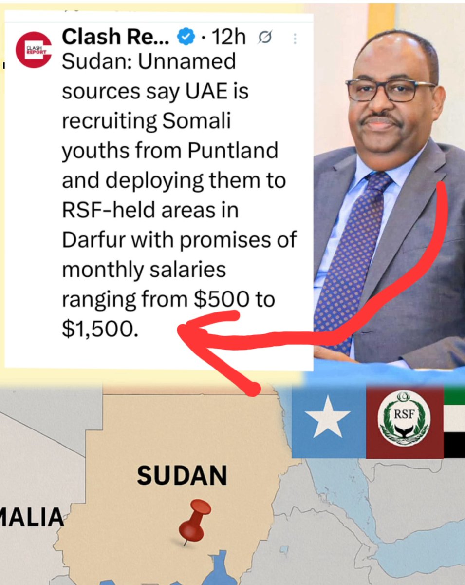 BashirHashiysf's tweet image. Unnamed sources say that the President of Puntland is recruiting Somali youth to the #RSF #Sudan Hamiatti group, to deployed to Sudan to fight alongside the RSF militia fighting against Sudanese government, the salary is will be paid by United Arab Emirates
Emirates is…