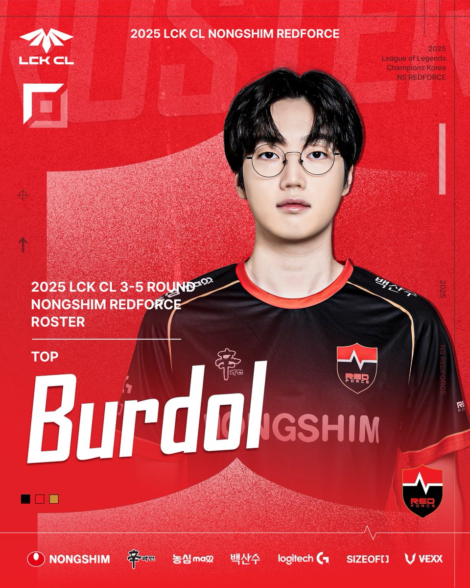 NS_RedForce's tweet photo. [ANNOUNCEMENT] #LCKCL

𝟐𝟎𝟐𝟓 𝐍𝐒 𝐑𝐄𝐃𝐅𝐎𝐑𝐂𝐄 𝐋𝐂𝐊 𝐂𝐋 𝐑𝟑-𝟓 𝐑𝐎𝐒𝐓𝐄𝐑

📍LCK CL Team Roster
🔥 TOP: Burdol
🔥 JGL: Carim
🔥 JGL: Sylvie
🔥 MID: Fisher
🔥 BOT: Trigger
🔥 SUP: Crack

#NONGSHIM #NSRedForce #NSwin #LCKCL
#Burdol #Carim #Sylvie #Fisher #Trigger #Crack