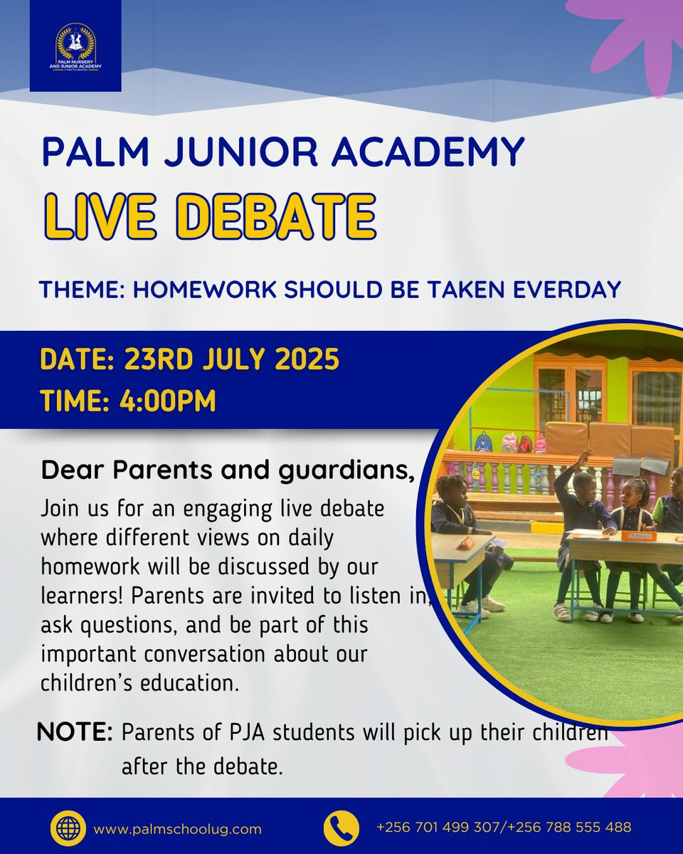 PALMSCHOOL2014's tweet image. 🎤 LIVE DEBATE ALERT!🗣️

Join us at Palm Junior Academy for a thought provoking debate on whether &quot;homework should be taken every day&quot; 📝Let’s hear what our brilliant learners have to say!

Parents, come be part of this important conversation about your child’s education!