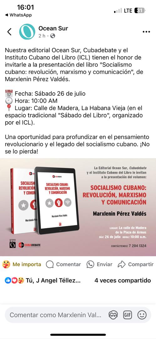 El 26 de julio, a las 10 am, se presentará el libro de Marxlenin Pérez Valdés "Socialismo cubano: revolución, marxismo, comunicación". Otro aporte valioso a las trincheras de ideas, que valen más, como decía Martí, que las trincheras de piedras.