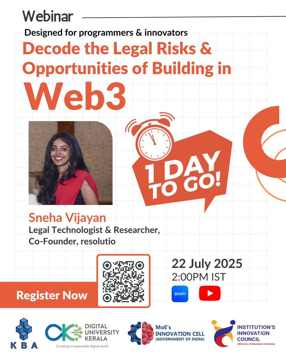 kbaiiitmk's tweet image. 📢 ONE DAY LEFT!
Join Us Tomorrow "Decode the Legal Risks & Opportunities of Building in Web3" by Sneha Vijayan on July 22, 2025 @2:00 PM IST
Register : forms.gle/Fd9LCzcKZJGbKX…
#Web3 #Blockchain #LegalTech #CryptoLaw #India #Web3Community #LegalRisks #Opportunities #KBA #IIC
