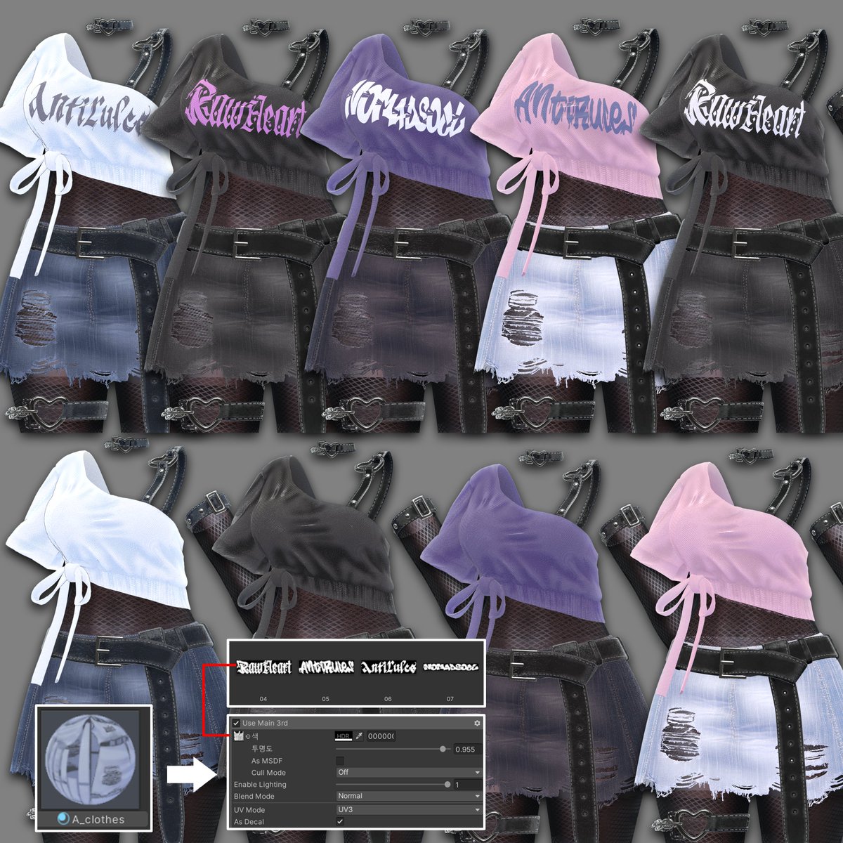 Vtyle_'s tweet image. デカールを自分の好みに合わせて自由にカスタマイズできます！
色や文字、配置も変更できて、自分だけのスタイルを楽しめます✨#VTYLE  #VRChat #VRC衣装