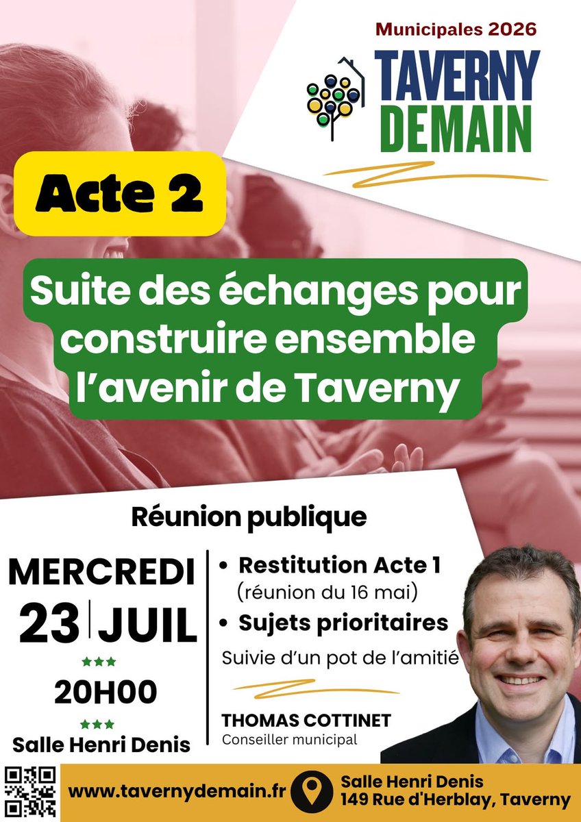 ThomasCOTTINET's tweet image. 📣 L'avenir de notre ville, c'est l'affaire de toutes et tous :
👉après son report pour cause de canicule,
l'#Acte2 de #TavernyDemain vous attend ce mercredi ⤵️
#Taverny #Municipales2026 #democratieparticipative