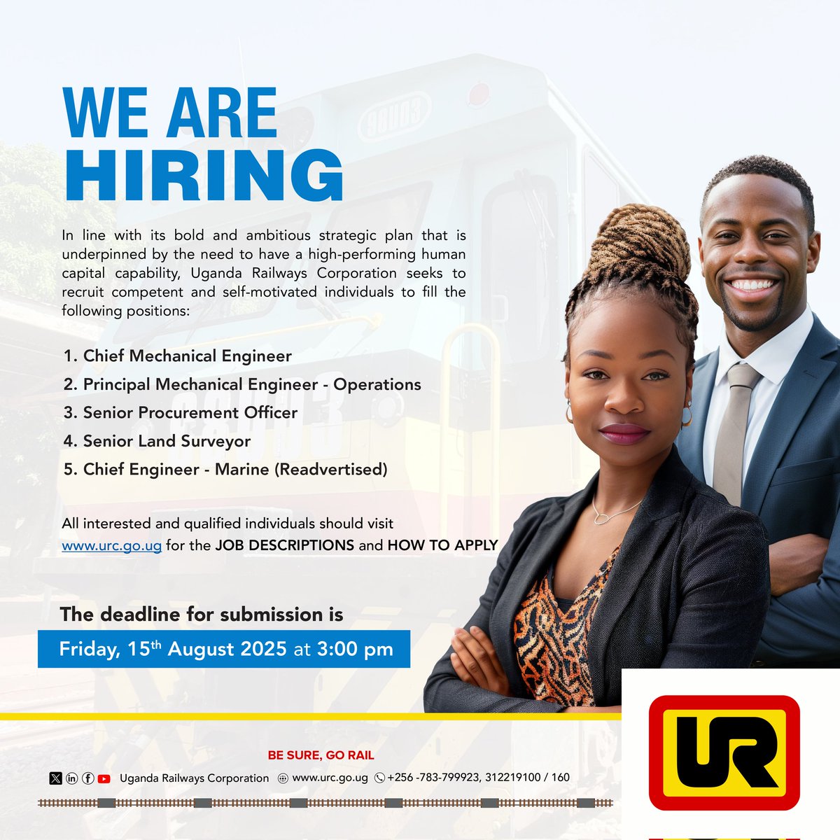 RailwaysUganda's tweet image. As URC moves into its next phase of transformation, a competent workforce is a must-have.
Join the team and make a meaningful impact.
urc.go.ug/urc-jobs/