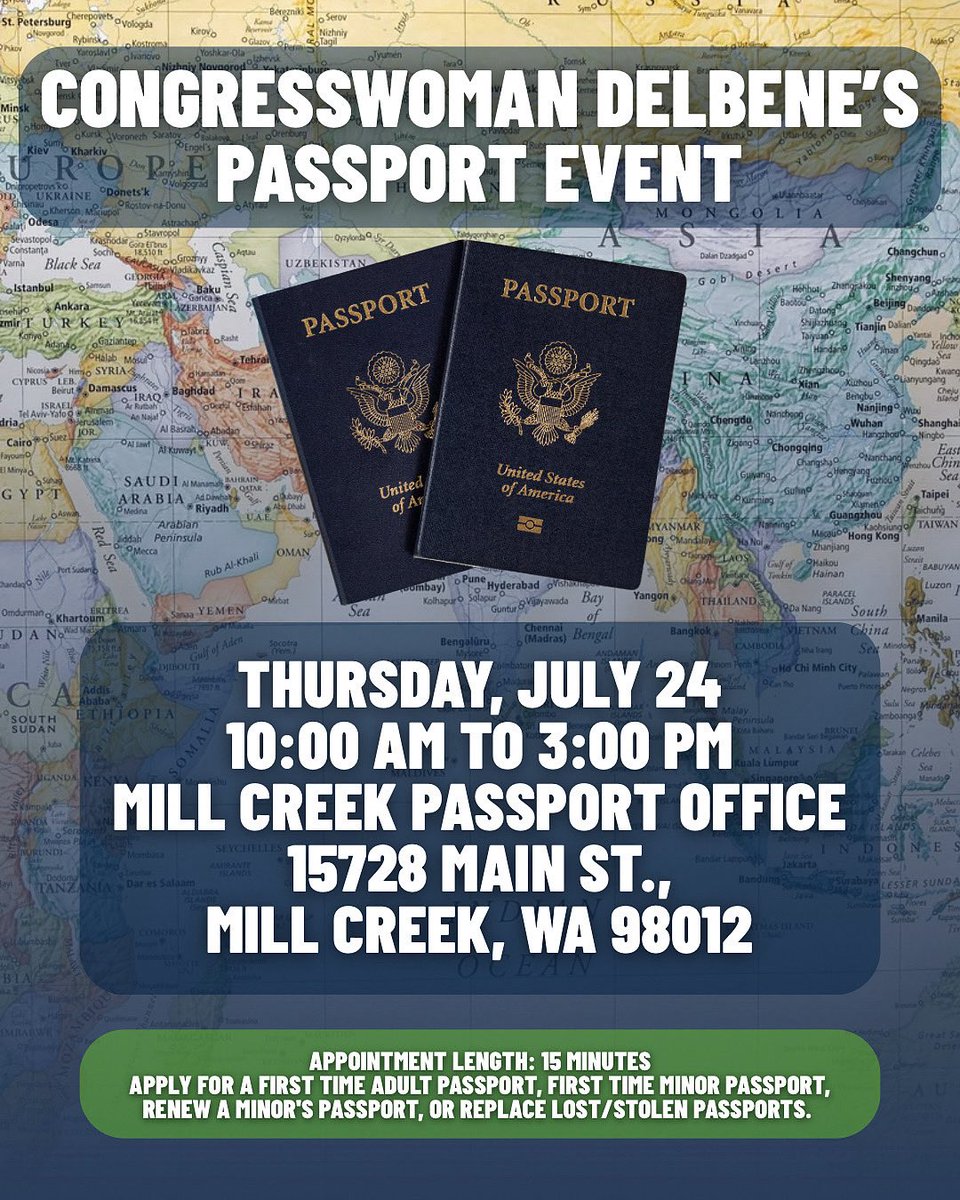 RepDelBene's tweet image. Don’t let an expired passport prevent you from enjoying your vacation!
On July 24, my office is hosting a passport event at the Mill Creek Passport Office for residents of WA-01.
Register below to renew or apply for a passport at the event.…