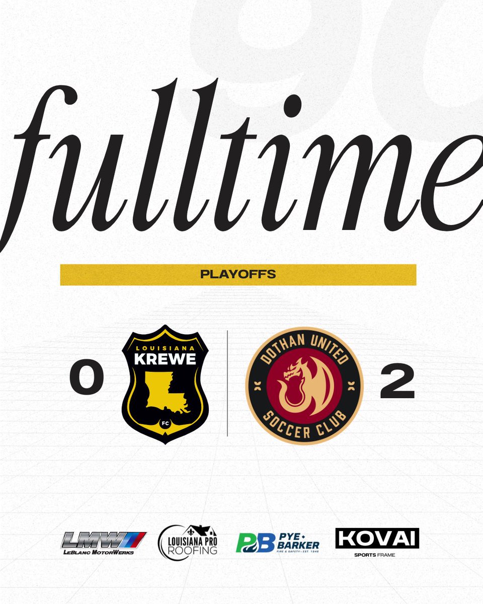 Louisiana Krewe FC (@lakrewefc) on Twitter photo Final whistle. And with that, an historic season comes to an end. Thank you for everyone that has followed our journey this far. Just know that weβll be back
LK β«οΈ 0 - 2 DU π΄
#USLLeagueTwo | #UptheKrewe | #WeBeforeMe | #Path2Pro Final whistle. And with that, an historic season comes to an end. Thank you for everyone that has followed our journey this far. Just know that weβll be back
LK β«οΈ 0 - 2 DU π΄
#USLLeagueTwo | #UptheKrewe | #WeBeforeMe | #Path2Pro