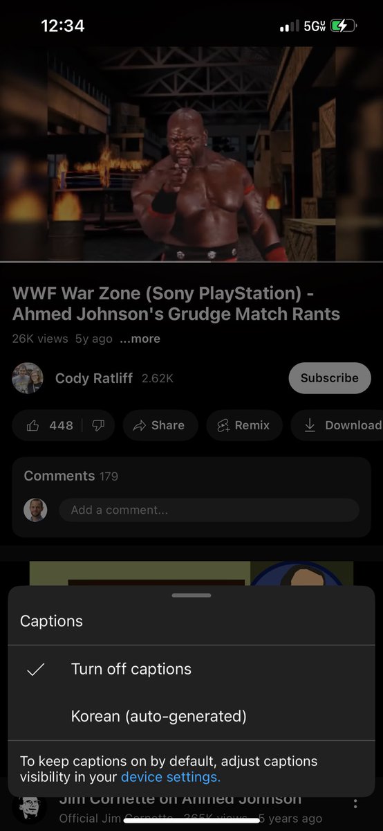 ericdnelson's tweet photo. Reflecting on @dlobrown75 discussing Ahmed Johnson at the @TNTHOF and thought about Ahmed’s video game “promos.” Found them on YouTube, tried to get captions, and my only options were “turn off” (they weren’t on) and “Korean” 🤣 https://t.co/j4VgAuXQjl