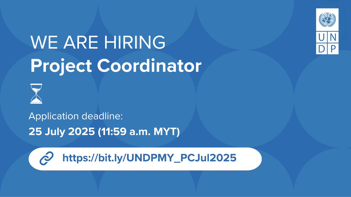 MyUNDP's tweet image. 📣 We are #hiring! #MyUNDP is looking for talents to join our team! Apply now via the following:
✍️ Project Coordinator
📆 25 July 2025 (11.59 a.m. MYT)
🖱️ bit.ly/UNDPMY_PCJul20…
#JobsMalaysia #jobsearch #jobs #jobposting #recruitment #ProjectCoordinator
