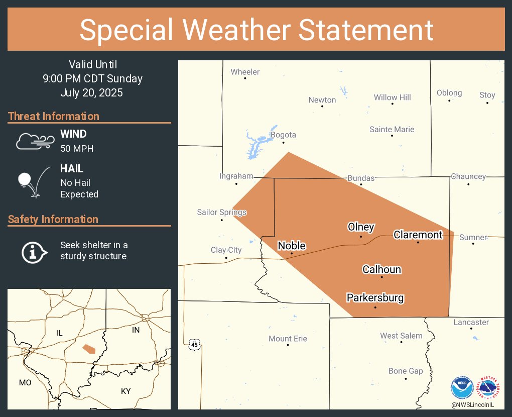 NWSLincolnIL's tweet image. A special weather statement has been issued for Olney IL, Noble IL and Parkersburg IL until 9:00 PM CDT