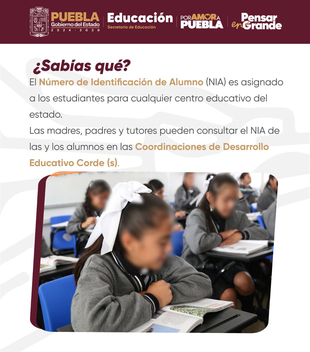 El @Gob_ mediante la dependencia informa que,  aquellos padres de familia que por alguna razón extraviaron el NIA de sus hijos, pueden acercarse a la CORDE más cercana a su domicilio para poder consultarla.
 
Mayor información por inbox en nuestra página de Facebook.