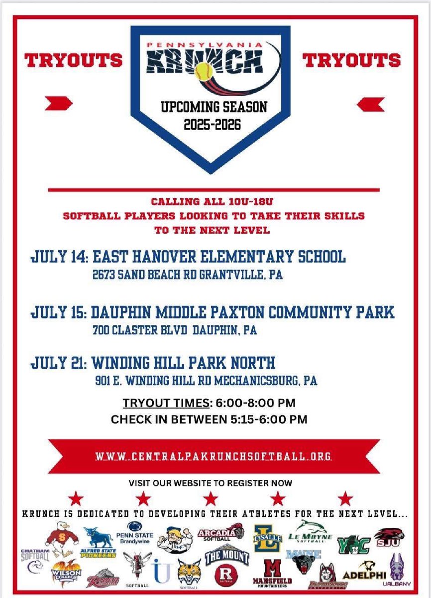 Tomorrow is our last tryout date. We will be at Winding Hill Park in Mechanicsburg from 6-8pm. Krunch Premier 18U will be looking for a pitcher to complete our roster. If you are unable to make the tryout contact coach Joe Henry <a href="/coachjoekrunch/">Joe Henry</a> for a private tryout.