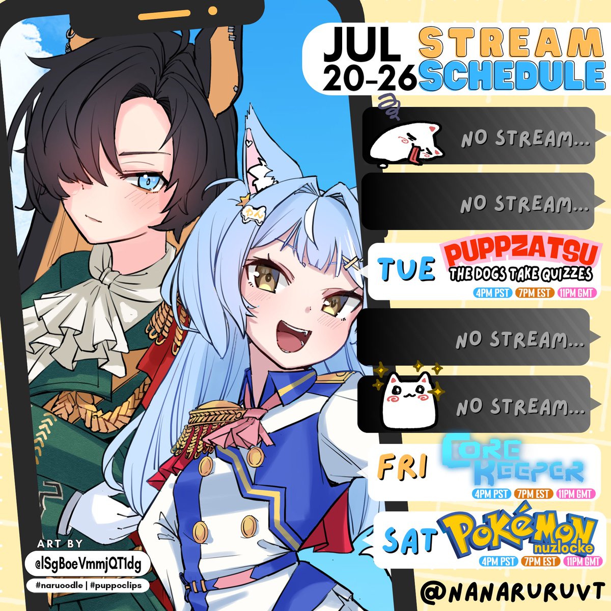 NanaruruVT's tweet image. ⋆⁺₊🐶📡WEEKLY SCHEDULE【07/20→ 07/26】

Taking some silly quizzes in the Basement before FINISHING OUR SECOND NUZLOCKE FOR REAL FOR REAL???
------------------------------------------
🎥#puppoclips
✏️#naruoodle
🔞#puppo34
🐶🐶#nanaruruvt