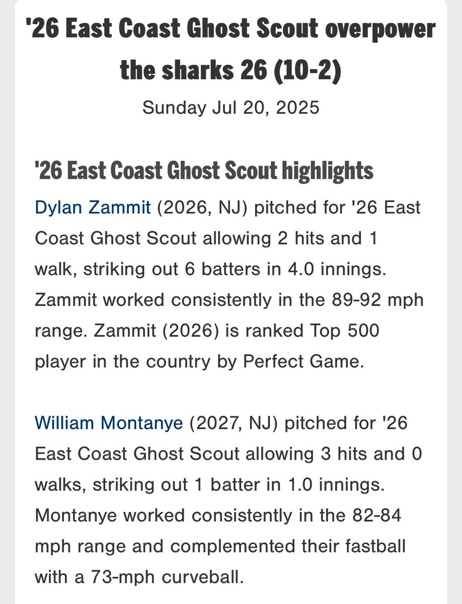 Had the chance to pitch one inning with ‘26 ECG Scout today.  Thank you to <a href="/PRDBaseball/">PRD</a> for the opportunity.

Threw 24 pitches (62% strikes) with a lot of weak contact.
FB avg 82-84
CB 71
3 Hits
0 Runs
0 Walks
1 SO
<a href="/BUncommitted/">Baseball_Uncommitted</a> 
<a href="/NJCollegeBSBNat/">Jersey Baseball Nation</a> 
<a href="/BM_Baseball/">BM_Baseball</a>
