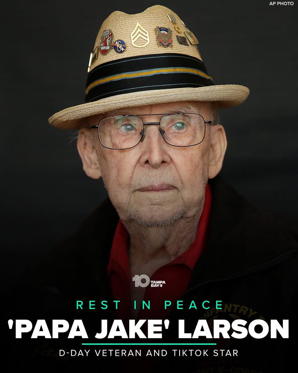 DobermanStrong's tweet image. REST IN PEACE 🙏 ″Papa Jake″ Larson, who survived German gunfire on Normandy's bluffs in 1944 and then garnered 1.2 million followers on TikTok, has died at 102. wtsp.com/article/news/n…