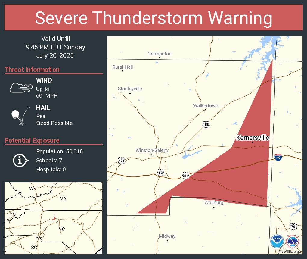 NWSRaleigh's tweet image. Severe Thunderstorm Warning continues for Kernersville NC until 9:45 PM EDT