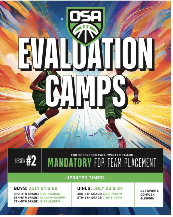 REMINDER! Our second session of Evaluation Camps for Fall/Winter start this week! 

Walk-in registrations are more than welcome! 💚🏀

osahoops.leagueapps.com/events/4465393…