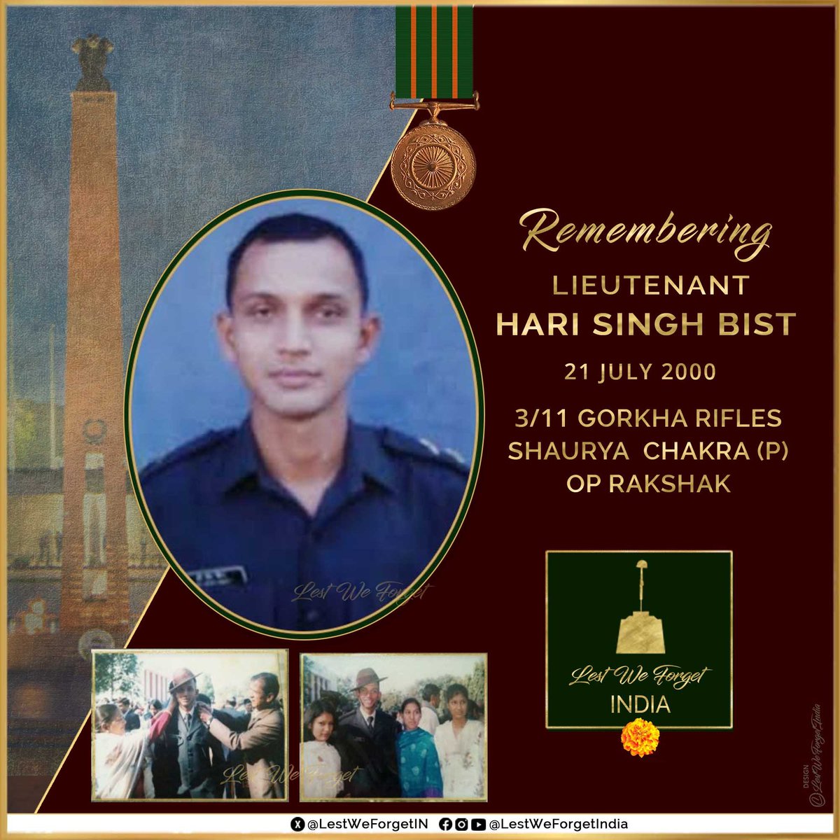 LestWeForgetIN's tweet image. TWENTY - FIVE years to date, the #IndianBrave, gone but not forgotten

#LestWeForgetIndia🇮🇳 Lieutenant Hari Singh Bist, Shaurya Chakra (P), commissioned into 3/11 GORKHA RIFLES on 11 December 1999, made the supreme sacrifice #OnThisDay 21 July in 2000 fighting terrorists at…