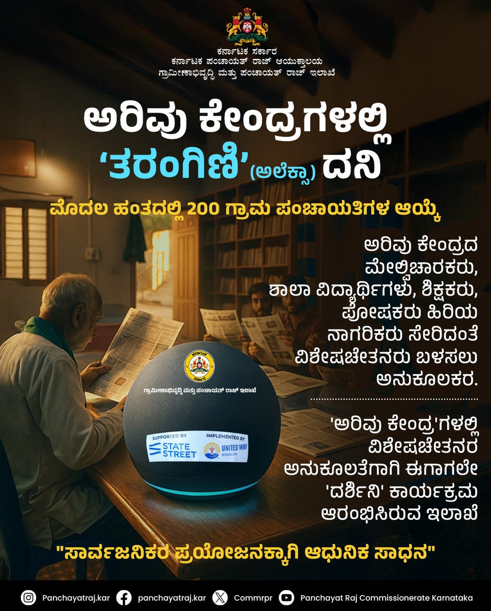 CommrPR's tweet image. ಗ್ರಾಮ ಪಂಚಾಯತಿ ಅರಿವು ಕೇಂದ್ರಗಳಿಗೆ &apos;ತರಂಗಿಣಿ&apos; ಕಾರ್ಯಕ್ರಮದ ಅಡಿಯಲ್ಲಿ  ಅಲೆಕ್ಸಾ ಸಾಧನವನ್ನು ವಿತರಿಸಲಾಗಿದ್ದು, ಗ್ರಾಮೀಣ ಪ್ರದೇಶದ ಮಕ್ಕಳು ಮತ್ತು ವಿಶೇಷಚೇತನರಿಗೆ ಅಲೆಕ್ಸಾ ಸಹಾಯಕ ‌ಸಾಧನಗಳು ವರದಾನವಾಗಿವೆ.
@PriyankKharge
@readingkafka
#ruraldevelopment #RDPR #Alexa #Tarangini