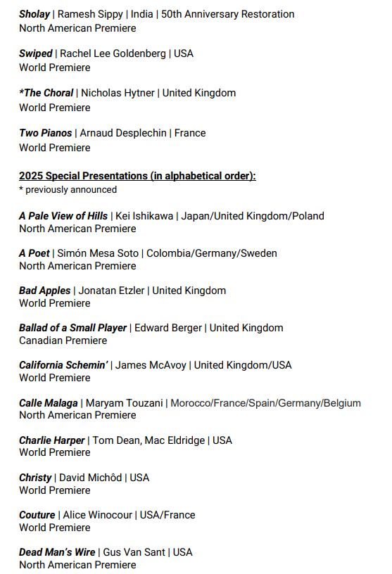 HertzBarry's tweet image. NEW: #TIFF25 reveals biggest titles, including world premieres of Gavras, Ansari, Michôd, Apatow (not that one) & N. American premieres of Safdie (Benny), GDT, Fastvold (in 70mm). But absent (so far) Guadagnino, Baumbach, Kogonada (huh), Cooper’s Springsteen pic, and big one: PTA