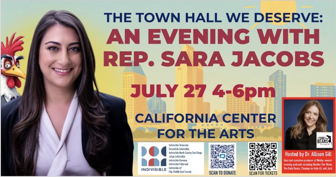 curtisforCA48's tweet image. An evening with @RepSaraJacobs - Sunday, July 27 in Esco! Get your ticket before they're gone! Also, I'll have a little table in the hall. Stop in and say hi! 👋
mobilize.us/indivisiblenor…