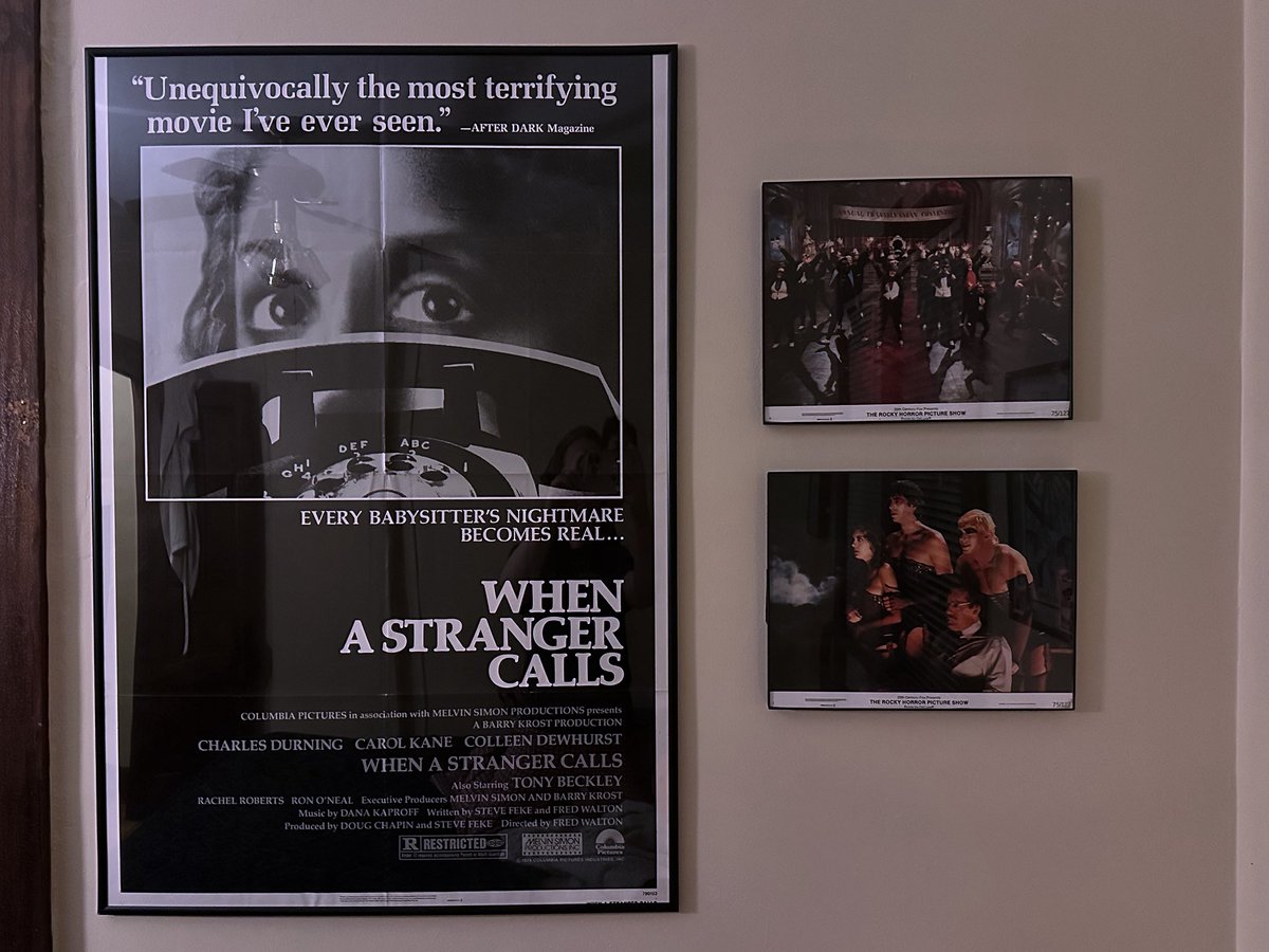 vhsbabe's tweet image. finally hung up my original 1979 When a Stranger Calls poster 🎬 (plus some RHPS lobby cards)