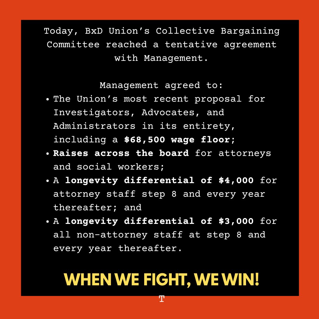 BxDUnion's tweet image. Today, after the first strike of a criminal defense provider in New York City since 1994, BxD Union’s Collective Bargaining Committee reached a tentative agreement with Management. (1/3)