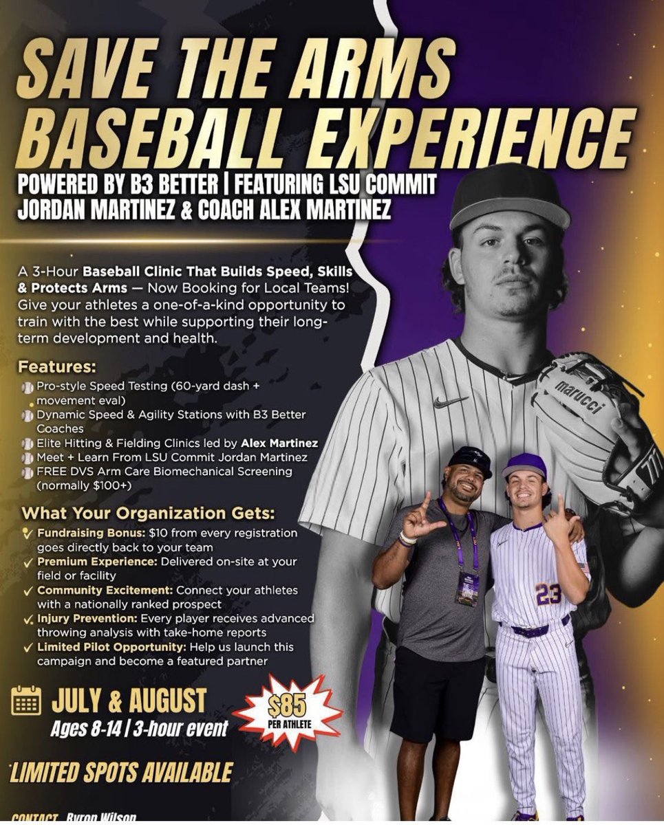 WheresHomePod's tweet image. This baseball clinic with LSU commit Jordan Martinez and Coach Alex Martinez is absolutely top-tier! It’s a three-hour experience you won’t find anywhere else.
Contact Byron Wilson
Byron@b3better.com