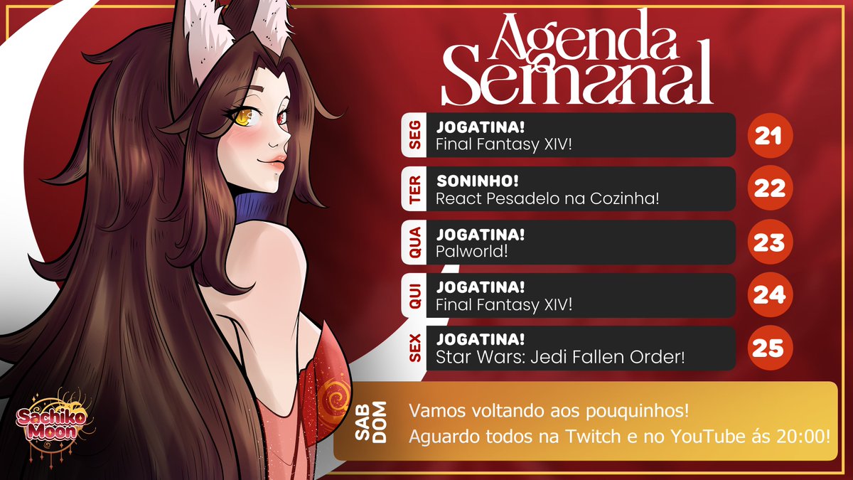 SachikossMoon's tweet image. Olá meus lobinhos!
Essa semana vamos tentar voltar a ativa (juro que to tentando)
Temos as terças de react, começando com o clássico Pesadelo na Cozinha e joguinhos ao longo da semana!
Esperarei por vocês lá na Twitch e YouTube!
- Beijos da Loba