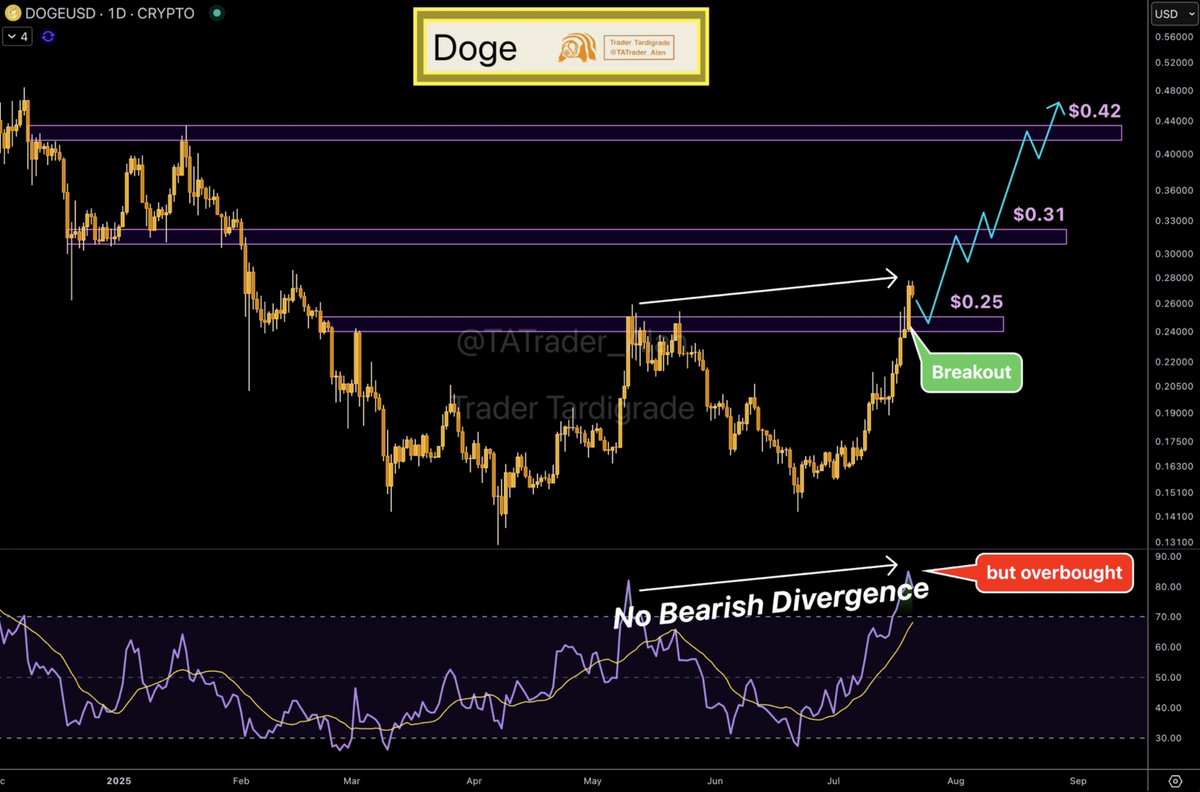 Dogecoin broke out from a resistance level and closed above it on the daily  chart. The RSI shows no bearish divergence, creating a higher high on both  RSI and $Doge, indicating this