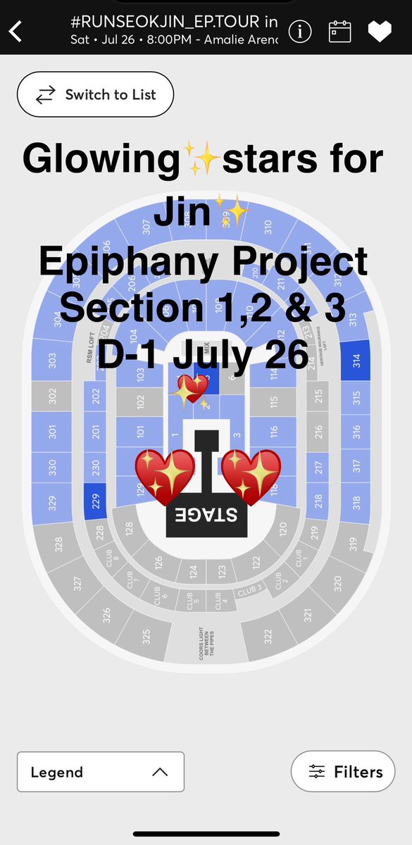 PJM13MM7's tweet photo. @HYBE_MERCH @bts_bighit TAMPA D-1
✨Glowing Stars for Jin Project will take place during Epiphany; if you are front row seat near the stage or section 1,2 & 3 I will be given out aprox 760 ♥️✨ I will update you for location and distribution ASAP
#RUNSEOKJIN_epTOUR_TAMPA #BTSARMY #Jin #Army #jinproject https://t.co/eoLgxBkkIw