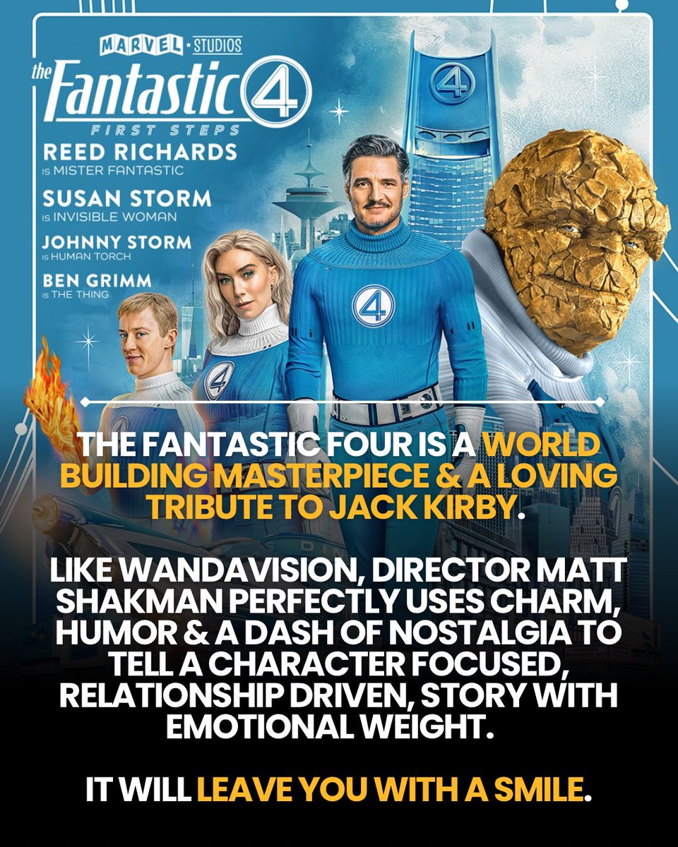 POCculture's tweet image. #TheFantasticFour is a world building MASTERPIECE & a loving tribute to Jack Kirby.
Like #WandaVision, director Matt Shakman perfectly uses charm, humor & a dash of nostalgia to tell a character focused, relationship driven story w/ emotional weight.
Loved it. #FantasticFour