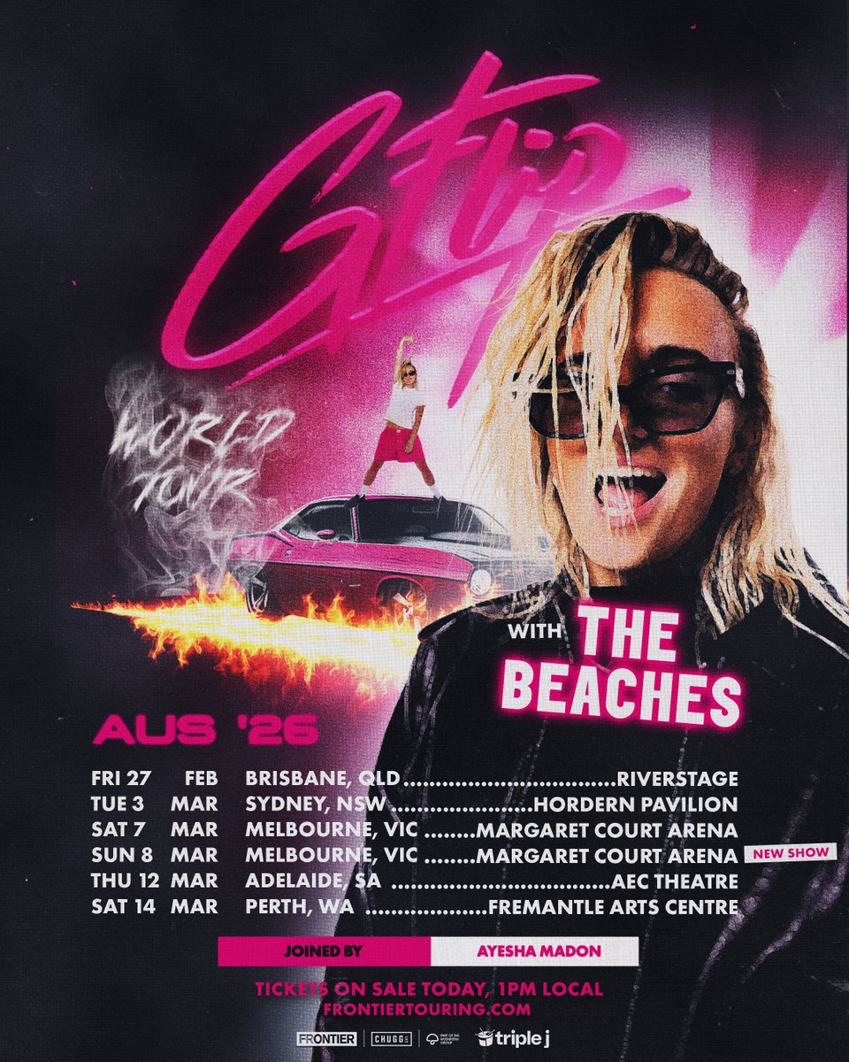 frontiertouring's tweet image. TOUR UPDATE 🛞 Due to high demand in the presales, a 2nd Melbourne show has been added to @gflipmusic's Dream Ride Tour! Tickets to all shows (incl. the new date) go on sale from 1pm local time today! 💘 Catch them live with @thebeaches and Ayesha Madon → frontiertouring.com/gflip