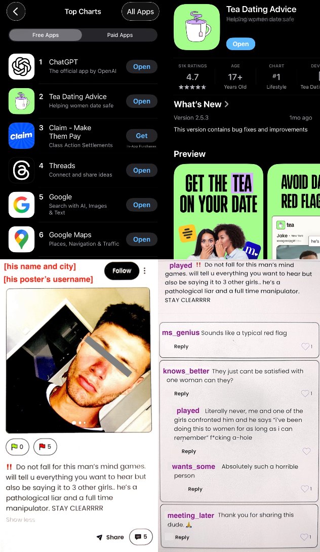 deedydas's tweet image. The new #2 on App Store is a woman-only app that’s lets you review men you date!
Tea Dating Advice replicates “Are we dating the same guy” FB groups. It also lets women reverse image search, background check and set alerts for names to catch cheaters.
Also, the founder’s a guy.
