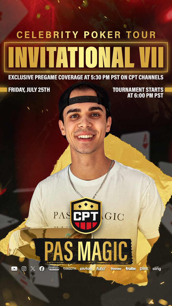celebpokertour's tweet image. GUESS WHO’S IN?
🚨 PAS Magic will be playing in INVITATIONAL VII 🚨
You can watch LIVE JULY 25th at 6pm PT on the Celebrity Poker Tour YouTube 🏆
Tune in for exclusive pregame coverage on CPT channels at 5:30pm PT! 🎥
