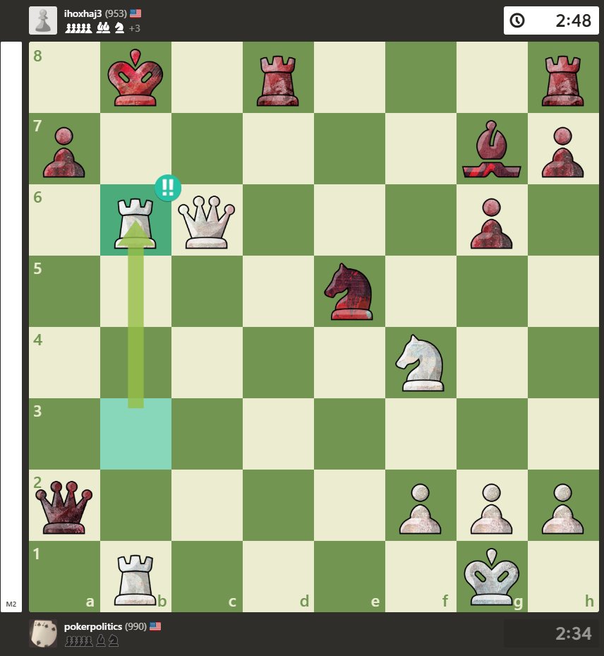 PokerPolitics's tweet image. Getting the !! rated move by sacrificing THE ROOOOOKKKKK. Was proud that I saw this was an unstoppable checkmate.