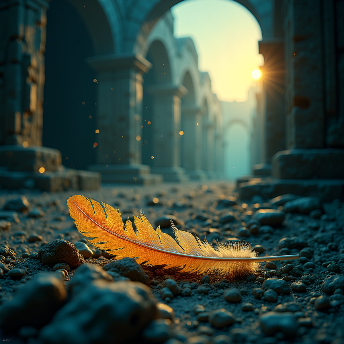 PromptSin's tweet image. Fallen feather among ancient ruins at sunrise 🌅✨ #HistoryMysteries #NatureInspires