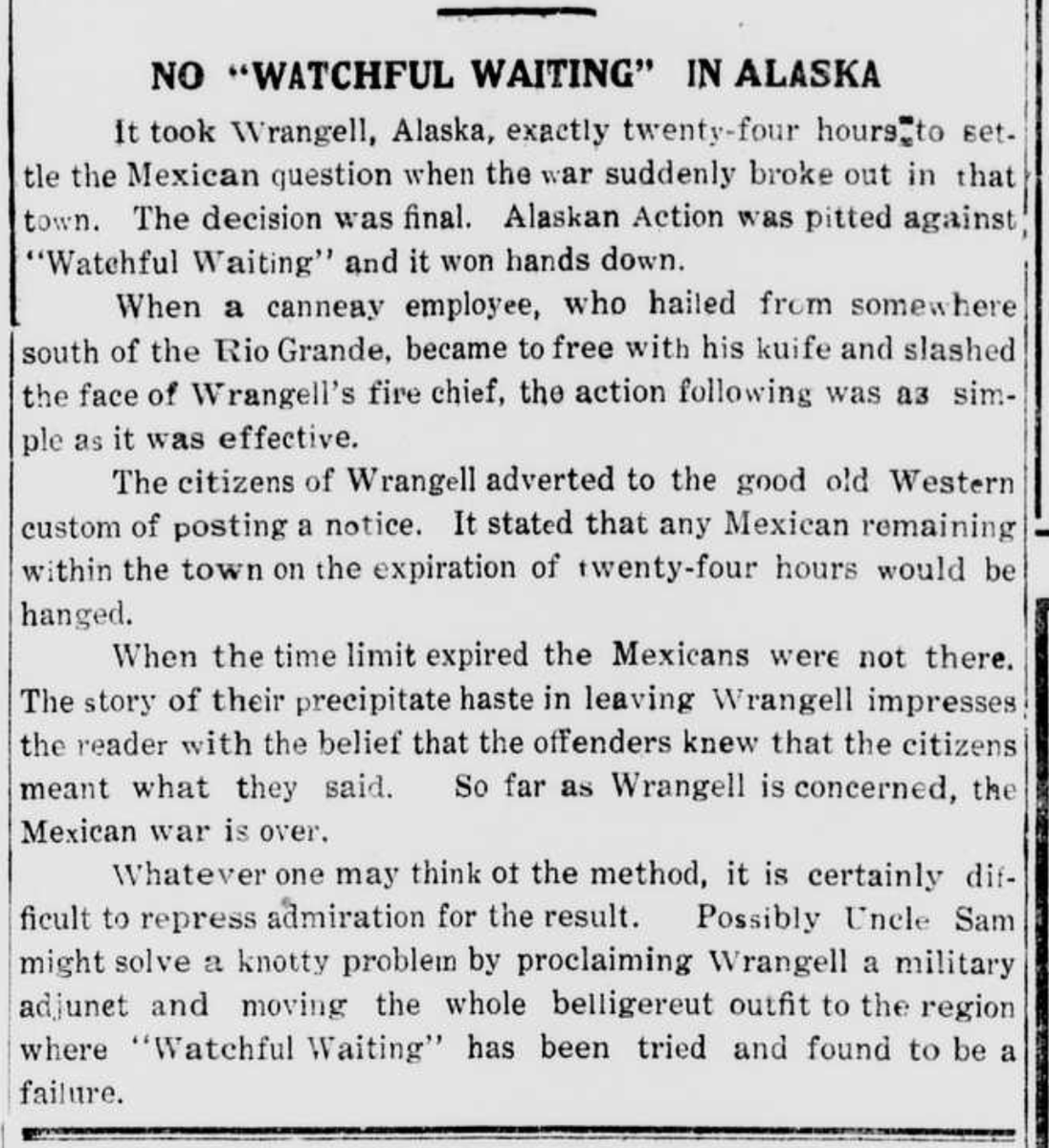 ANC_Historian's tweet photo. From the Sep 30, 1915 Wrangell Sentinel, an account of residents driving every Mexican out of town under threat of hanging. My latest article has the details, of immigrants chasing out immigrants & denied legal justice (https://t.co/pmxnSKd96F). #alaskahistory #alaska #wrangell https://t.co/dHivls3IOy