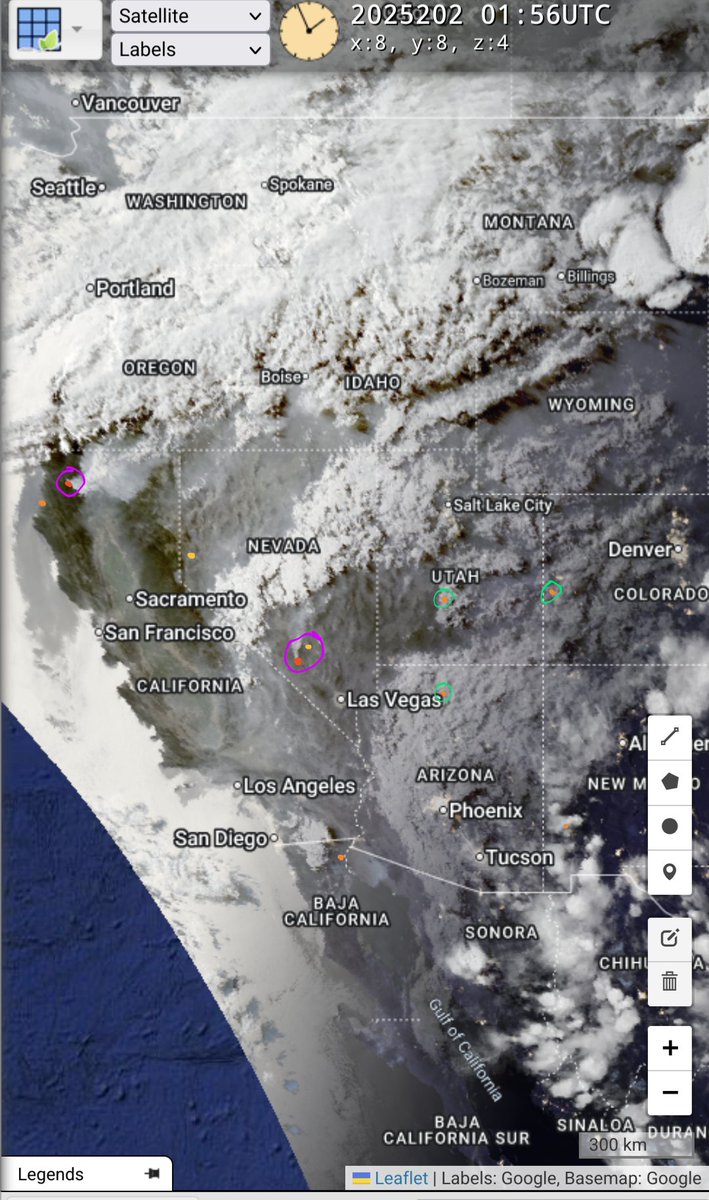 The Cat Canyon (NV) and Butler (CA) fires are most active on satellite tonight (purple). Less heat observed on other fires (green). A lot of clouds blocking views too.