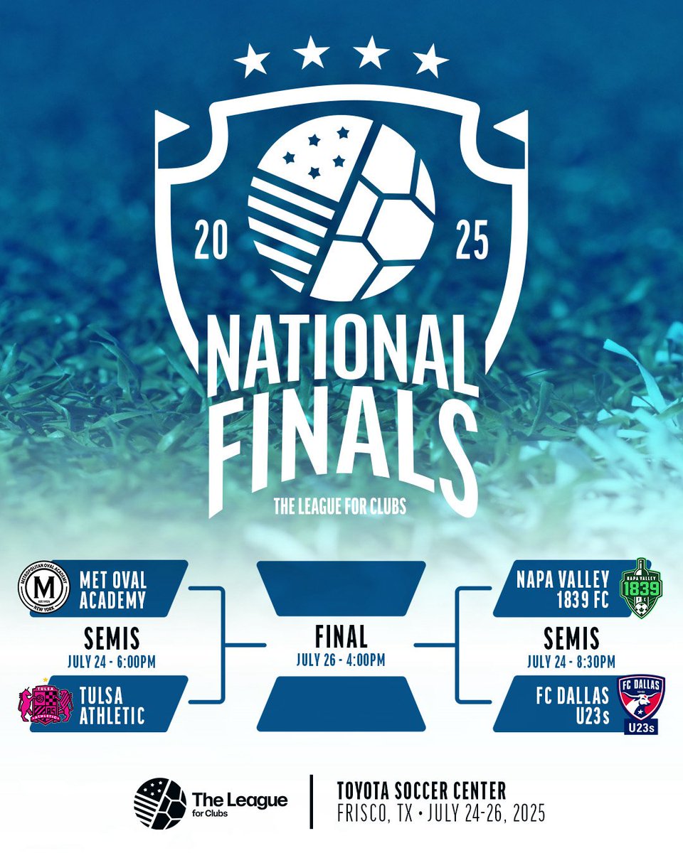 Our 2025 National Finals are set!

(All times CDT)

Thursday (7/24)
<a href="/Met_Oval/">Met Oval</a> vs. <a href="/TTownSoccer/">Tulsa Athletic</a> - 6 pm
<a href="/NapaValley1839/">Napa Valley 1839 FC</a> vs. <a href="/FCDallasYouth/">FC Dallas Youth</a> U23s - 8:30 pm (or 30 minutes after first match concludes)

Sat (7/26)
3rd place game - Time TBD
National Championship - 4 pm