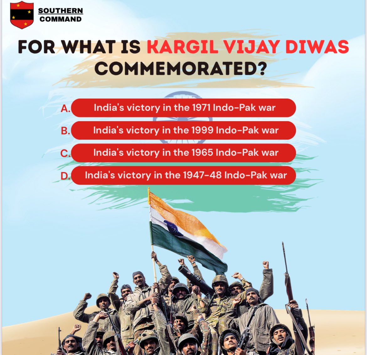 IaSouthern's tweet image. #KargilVijayDiwas2025 #WarriorsOfKargil
𝐊𝐚𝐫𝐠𝐢𝐥 𝐕𝐢𝐣𝐚𝐲 𝐃𝐢𝐰𝐚𝐬 𝐐𝐮𝐢𝐳 𝐂𝐡𝐚𝐥𝐥𝐞𝐧𝐠𝐞
Are you a true patriot? Prove it!
Dive into the pages of history and test your knowledge about India's triumph in the #KargilWar.
Answer the questions, relive the…